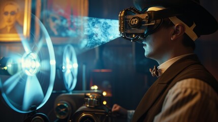 A man immersed in a virtual reality experience, wearing VR goggles while standing near a vintage film projector. The image merges the old and new, highlighting the evolution of entertainment