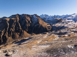 Aerial view of the fall scenery around the Umbrail Pass in Grisons, Switzerland