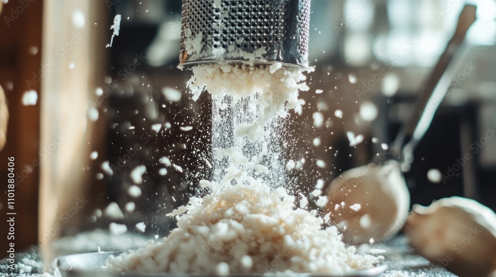 Poster Grated food falling through a grater, creating a cloud of texture and motion.