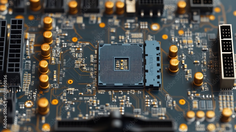 Aufkleber close-up view of a modern computer motherboard showcasing intricate circuitry and components, ideal 