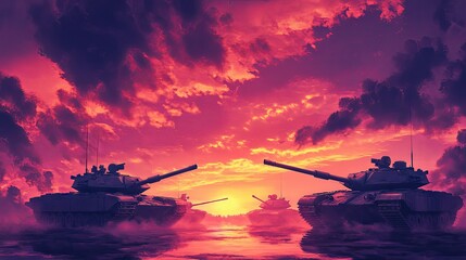 Military Tanks Silhouetted Against a Dramatic Sunset Sky