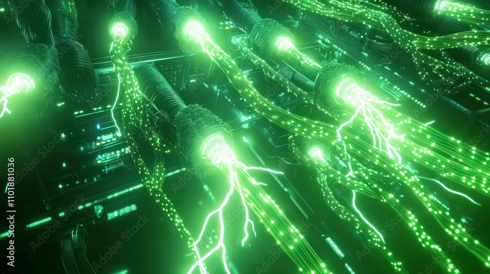 Aufkleber network of glowing green cables with extended cores, emitting pulsating lightning bolts, set in a hi