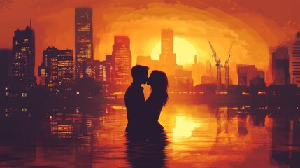 Fototapeta premium A couple shares a tender moment as they embrace in shallow water, silhouetted by a vibrant sunset over a bustling city skyline with cranes in the background