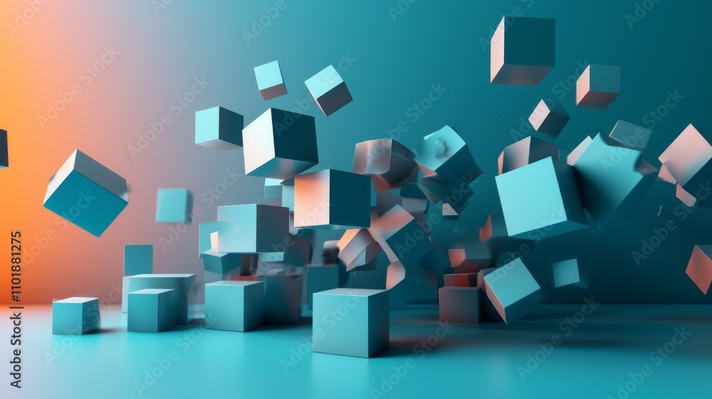Poster teal-colored cubes float in an abstract, futuristic digital space, with a gradient backdrop blending