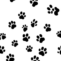 Fototapeta premium Cartoon dog paw print trail, repeated steps, on a white background.