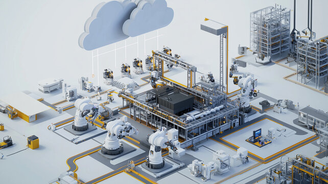 realistic 3D render of industrial robots operating in modern factory setting, showcasing advanced technology and automation. scene includes machinery, cloud connectivity, and streamlined layout