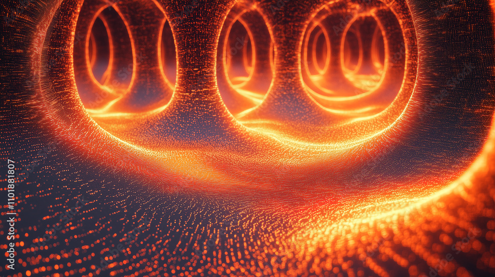 Poster visual representation of flowing energy patterns in a dark environment with glowing orange and yello