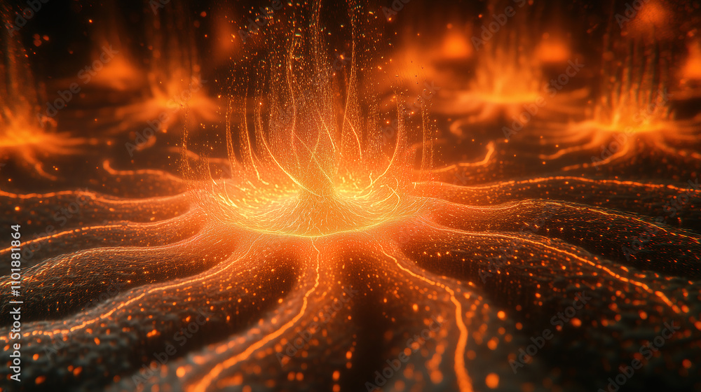 Poster vibrant orange flames dance in a mesmerizing pattern exhibiting intricate details in a dark backgrou