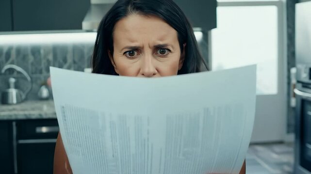 Woman standing in the kitchen, shocked by a price increasement