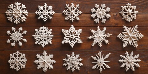 Creative Christmas gift box arrangements shaped like snowflakes on a festive wooden background