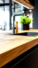 A modern kitchen sink with a wooden countertop, featuring sleek design elements and a touch of greenery in the background, creating a stylish ambiance.