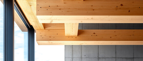 A modern architectural interior showcasing wooden beams and large windows, blending natural materials with contemporary design.