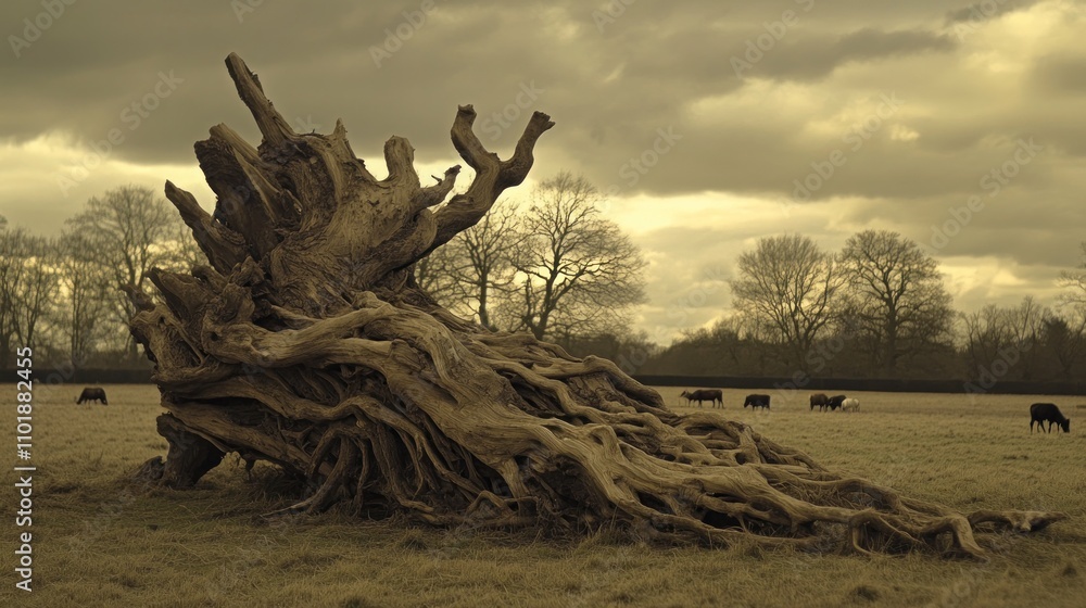 Poster a dramatic tree stump in a field with grazing cattle under a moody sky.