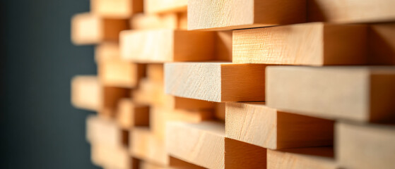 A close-up view of stacked wooden blocks, showcasing their texture and natural finish against a contrasting background.