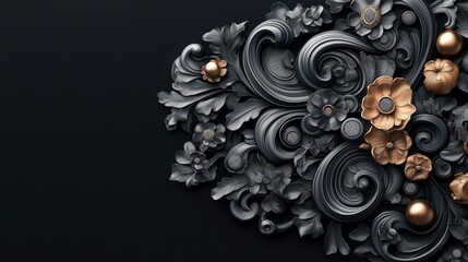 Intricate 3D floral pattern with swirling black and copper elements on a dark background, featuring detailed flowers and botanical motifs in a symmetrical artistic design.