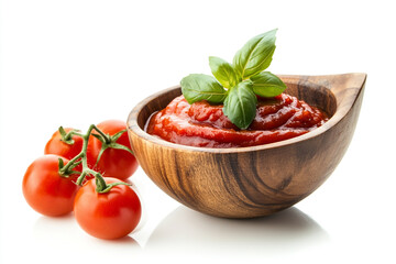 A bowl of tomato sauce with basil leaves and a few tomatoes. 