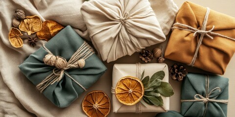 Eco-friendly gift boxes wrapped in fabric with natural ornaments like dried oranges and leaves