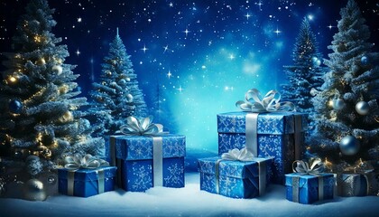 Merry Christmas greetings with blue presents among snowfall 