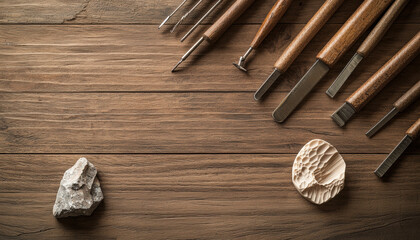 Obraz premium Handmade Jewelry Workshop Closeup Concept. Wooden tools and stones arranged on a rustic wooden surface.