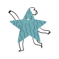 Dancing or running star shaped cartoon character, isolated geometric symbol in form of celestial body. Vector isolated cute educational personage with hair, arms and legs. Funny smiling emotion