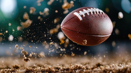 Captivating Close-Up of a Football in Mid-Air with Dirt and Dust Being Kicked Up on a Field During a Dynamic Game Setting Evoking Energy and Excitement
