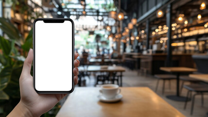 A woman's hand holding a blank white screen mobile phone on the table in a coffee shop