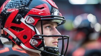 Focused Portrait of a Young Male Football Player in Red Helmet During Game Day with Coaches and Teammates in Background Highlighting Competitive Spirit and Dedication