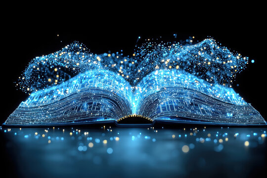 digital book with glowing pages and sparkling data streams, symbolizing education and technology. This minimalistic design represents fusion of knowledge and innovation