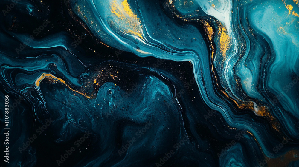 Poster swirling blue and gold abstract art conveying depth and movement in a mesmerizing pattern