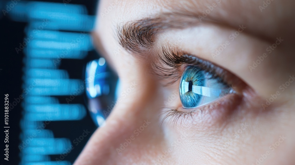 Poster close-up of a person's eye with detailed reflection, capturing the intensity and focus on an image s