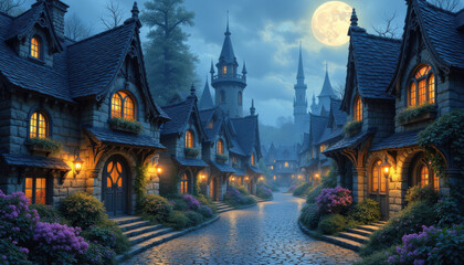 Obraz premium Mysterious fairytale village under the moonlight in a dark fairytale atmosphere