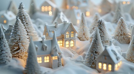 Fototapeta premium A white ceramic town with snow on the roofs and lights inside