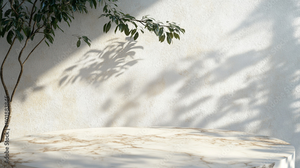 Poster natural light casts shadows on a marble table with a leafy branch in a serene setting