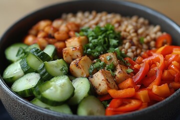 A close-up shot of a buddha bowl with grilled tofu, cucumber, red pepper, and buckwheat.