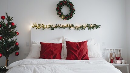 A white wall with a Christmas wreath above the bed, red pillows, and garland