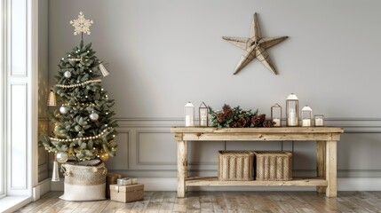 A wooden console table with a light-up star and lanterns, a Christmas tree 