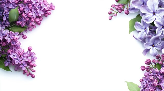 Beautiful floral corner ornament consists of lilacs flowers and magnolia isolated on white background. Copy space for photo or text