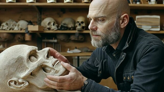 Sculptor carefully examines a lifelike skull model in a workshop filled with anatomical references