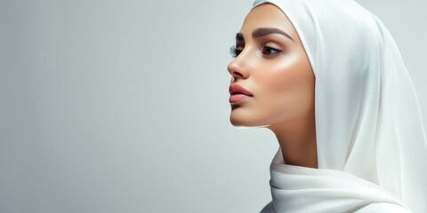A woman with a white scarf on her head and a white background. She has a very pretty face and is wearing makeup