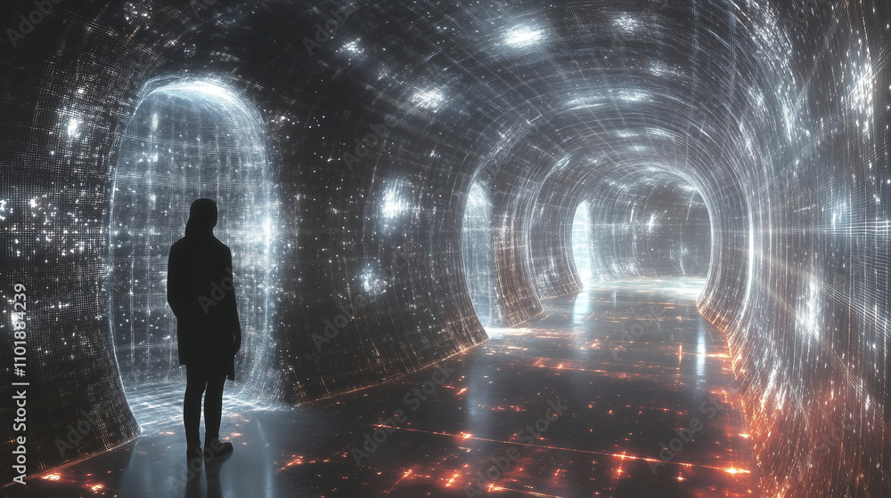 Poster futuristic tunnel with glowing lights and a solitary figure exploring an otherworldly space at twili