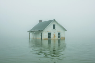 submerged house in foggy water symbolizes rising sea levels and climate change. eerie scene evokes feelings of loss and environmental concern