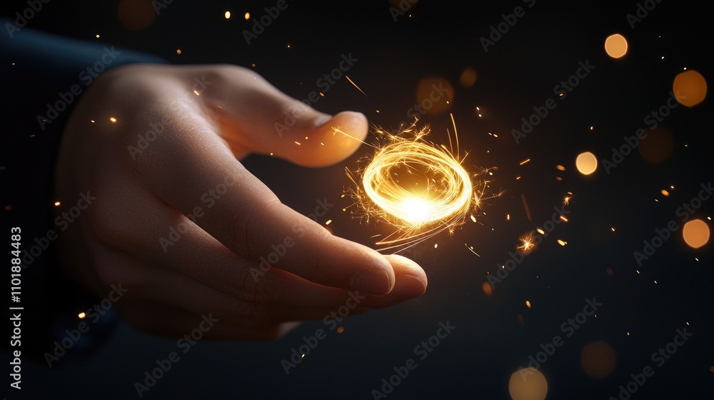 Poster hand holding shimmering light circle with glowing sparks against dark background, creating an enigma