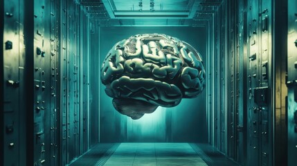 A surreal depiction of a brain floating in a futuristic vault, symbolizing knowledge, innovation, and the intersection of technology and human intellect.