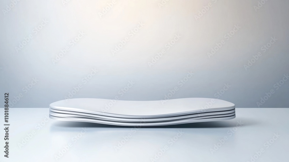 Poster a minimalist design of a curved, layered white object resting on a smooth surface, showcasing an ele