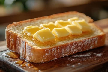 Fotobehang A slice of toasted bread topped with butter and honey, set on a wooden cutting board. © Umi Sakina