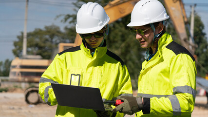 Fototapeta premium Caucasian white civil engineer, architect, or construction worker is wearing a safety suit while inspecting building construction on site and verifying blueprints or drawing plans.