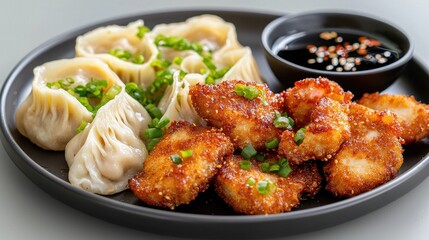 Delicious Plate of Steamed Dumplings and Crispy Chicken Nuggets Garnished with Fresh Green Onions and Served with Soy Sauce for a Perfect Asian Cuisine Experience