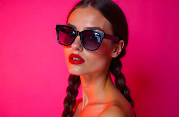 Naklejka premium A woman with long braided hair showcases trendy sunglasses and striking red lips against a bright pink backdrop