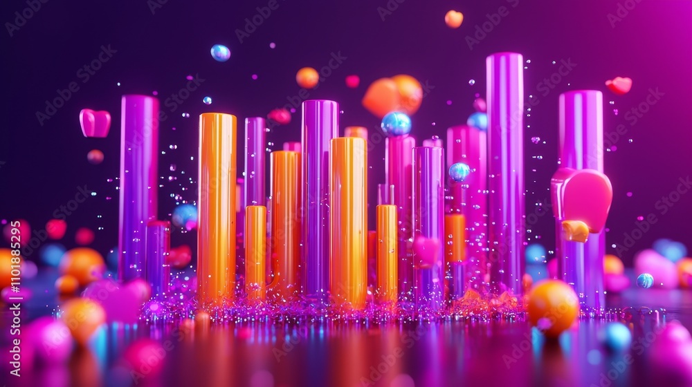Poster a vibrant abstract scene featuring colorful cylindrical shapes and floating spheres against a dark b