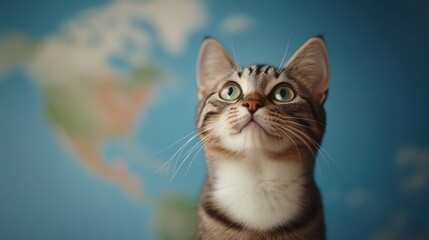 Fototapeta premium A curious cat gazes upward, set against a blue background depicting a world map, embodying a sense of wonder and exploration.